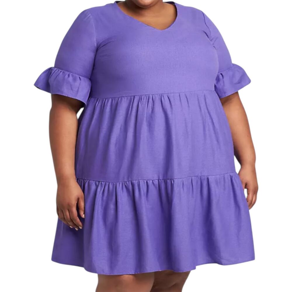 Lane Bryant Perfect Sleeve Linen Tiered Swing Dress Pocket Purple Opulence 26/28